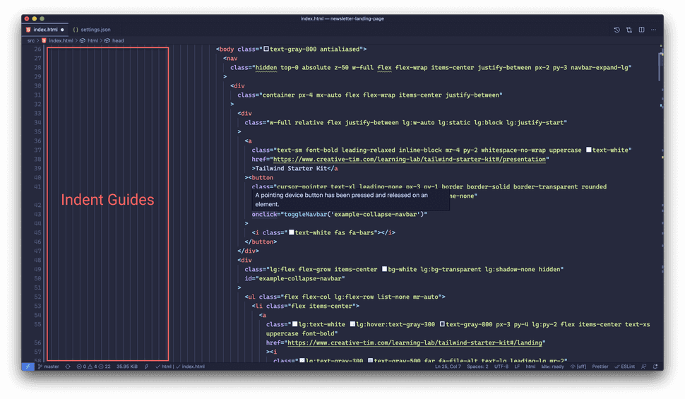 vs code user interface with indent guides highlighted
