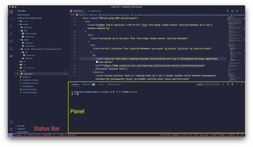 vs code user interface with panel and status bar highlighted