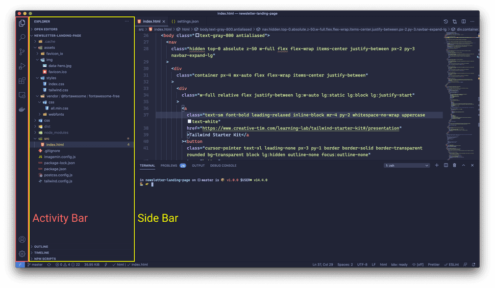 vs code user interface with activity bar and side bar highlighted