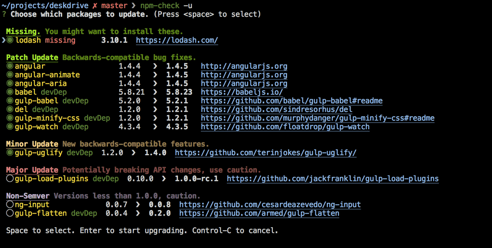 Command line tool showing an interactive GUI for updating NPM packages